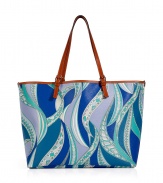 Stash away your warm weather essentials in Emilio Puccis characteristic printed PVC tote, detailed with smooth leather handles for a polished look - Belted leather double top handles, bright blue interior - Wear with a sundress and sandals in the city, or carry to the beach with a bright string bikini