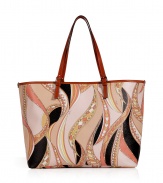 Stash away your warm weather essentials in Emilio Puccis characteristic printed PVC tote, detailed with smooth leather handles for a polished look - Belted leather double top handles, bright coral interior - Wear with a sundress and sandals in the city, or carry to the beach with a bright string bikini