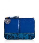 With a fantastic mix of solid and snake embossed leathers, Juicy Coutures versatile zip pouch is glam enough to carry as a mini clutch - Rivet embellishment, signature tonal pave embellished heart charm, top zip with leather pull, striped lining, inside zippered back wall pocket - Stash away in a covetable handbag or carry alone as a clutch