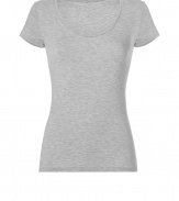 Stylish T-shirt in fine light grey stretch rayon - very pleasant and summery quality - feminine crew neck with trim, short sleeves - slim waist fit - dream basic, the one youve always been looking for - wear solo or underneath - pairs with literally everything, from a pant suit to shorts to a pleated skirts