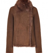 Unquestionably stylish, this luxe lambskin jacket from Joseph lends refined style to any cold weather look - Fold-over fur collar, long sleeves, patchwork seaming, hidden front closures, side slit pockets, ultra warm fur interior - Pair with an elevated jeans-and-tee look or with a sleek cocktail sheath