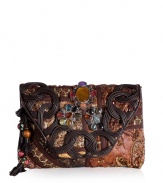 Unleash your urban traveler with Antik Batiks embellished clutch, detailed with sequined patchworking for that cool global feel - Chocolate leather trim, multicolored metal set stone embellished flap, allover metallic sequin embroidery, bead detailed leather tassels, flap with magnetic snap underneath, inside zippered back wall pocket - Team with floral hippie dresses and boots, or with cool layered separates and colorful chunky jewelry