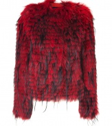 Exquisitely luxurious and equally dramatic, Balmains two-tone fur jacket is an of-the-moment investment guaranteed to add a high-octane edge to your outfit - Collarless, long sleeves, zippered cuffs, metal front zip with red leather trim and logo stud - Short, tailored silhouette - Team with everything from leather leggings and ankle boots to tailored sheath dresses and sky-high platform pumps