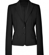 With its sharply tailored fit and timeless classic styling, Hugos jet black blazer is an all-season essential - Peaked lapel, long sleeves, two button closures, front flap pockets, back vent - Slightly shorter, tailored fit - Pair with a crisp white shirt and jeans, or dress up for work with a pencil skirt and peep-toes