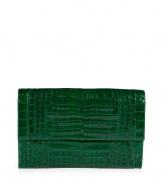 Invest in multi-season sophistication with Nancy Gonzalezs sleek croco clutch, an ultra luxurious choice in kelly green - Flap with hidden magnetic closures, back slit pocket with hidden magnetic closure, zippered front sectional pocket, inside zippered back wall pocket, front wall slot pocket, pistachio suede lining - Carry as a finish to chic evening looks