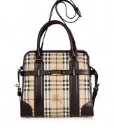 Detailed in a logo check with sleek chocolate leather trim, Burberry Londons belted tote is an iconic multi-season must for lady-chic looks - Double top handles, removable belted shoulder strap, wrap-around sash with turnlock closure, top zip with buckled side straps and magnetic snap closures, gold-toned logo hardware, inside back wall zippered pocket, two front wall slot pockets, protective feet - Carry as a sophisticated compliment to polished daytime looks