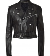 The ultimate investment piece, this biker-styled leather jacket from Ralph Lauren Collection adds edgy-cool appeal to any look - Classic motorcycle styling, spread collar with snaps, epaulets, long sleeves, zip pockets and cuffs, belted waist, cropped silhouette - Wear with high-waisted skinnies and a fitted top or a mini dress and heels