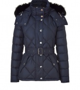 Ultra-luxe and undeniably stylish, this fitted down jacket from Burberry Brit will elevate any cold weather look - Stand collar with snaps, concealed zip closure, snap front placket, hood with fox fur trim, long sleeves, quilted, flap pockets with snaps, belted waist, fitted silhouette - Style with skinny jeans, a cashmere cardigan, and over-the-knee boots