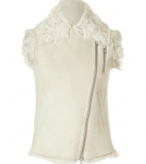 Make a stylish statement in this luxe shearling and suede vest from McQ Alexander McQueen - Large shearling collar, asymmetrical zip closure, zip chest pockets, sleeveless, fitted silhouette, biker silhouette - Wear with skinny jeans, a cashmere sweater, and shearling ankle boots