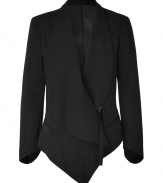 Leave it to Helmut Lang to stylishly update the classic blazer with trend-right asymmetrical styling - Draped shawl collar, side buckle closure, slit pockets, long sleeves with diagonally cut cuffs, asymmetrical high-low hem - Wear with a draped tank, leather leggings, and platform heels