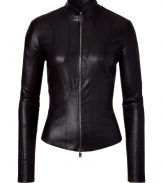 Look like a modern day Bond girl in this figure-hugging luxe leather jacket from French label Jitrois - Stand collar, front zip closure, long sleeves, seaming details, fitted silhouette - Wear with a silk blouse, a wool pencil skirt, and platform heels