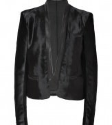 Channel the sophistication of a smoking jacket with this sleek, ultra-luxe calf hair version from Balmain - Stand collar, leather trimmed lapels, long sleeves, welt pockets, cropped, slim fit - Style with a blouse and a pencil skirt or with skinny jeans, a tee, and heels