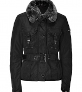 Your cold weather look just got more stylish with this luxe fitted down jacket from Peuterey - Large rabbit fur collar, concealed zipper closure, long sleeves with logo detail, flap pockets, belted waist, slim fit, water repellent - Wear with an elevated jeans-and-tee ensemble or a workweek-chic look