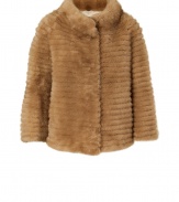 Exquisitely luxurious with a fashion-forward, ladylike cut, Yves Salomons tan mink jacket guarantees for a strikingly chic finish - Short stand-up collar, bracelet-length sleeves, hidden zippered front, light A-line silhouette - Adds an instant luxe finish to everything from skinny jeans and boots to cocktail dresses and pumps