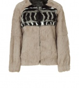 Amp up your new-season ensembles with this sumptuous neutral-hued fur jacket from Iro - Round neck, long sleeves, front zip closure, two-tone zigzag pattern on front and back, zip pockets, cropped straight silhouette - Pair with a slinky sheath dress or leather leggings and a slouchy pullover