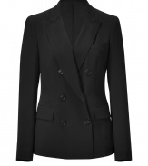 Power business looks get a sharp, sophisticated finish in DKNYs exquisitely tailored jet black blazer - Reverse lapel, long sleeves, double-breasted, flapped front pockets, breast pocket, tailored fit - Pair with pencil skirts and peep-toes