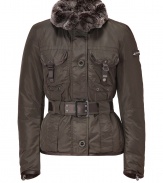 This bomber-inspired down jacket from Peuterey features a luxe fur collar and a flattering fitted silhouette - Large fur collar, concealed front zip closure with front button placket, long sleeves with zip cuffs, belted waist, flap pockets, slim fit - Wear with a cashmere pullover, skinny jeans, and shearling-lined boots