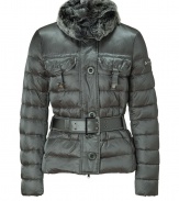 This bomber-inspired down jacket from Peuterey features a luxe fur collar and a flattering fitted silhouette - Large fur collar, concealed front zip closure with front button placket, long sleeves with zip cuffs, belted waist, flap pockets, slim fit, quilted - Wear with a cashmere pullover, skinny jeans, and shearling-lined boots