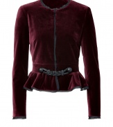 Take a modern stance on elegant evening attire with Emilio Puccis deep burgundy velvet jacket, finished with trend-favorite peplum trim for an exquisitely feminine finish - Collarless, long sleeves, sheer black trim, braided leather front sash closure, tailored fit - Team with high-waisted pencil skirts and statement sky-high heels