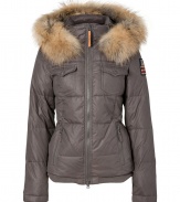 Stay warm in style this season in True Religions matte finish quilted down jacket, detailed with cozy raccoon fur trim for an ultra luxe finish - Stand-up collar, hood with removable fur trim, long sleeves with stitched flag patch, two-way front zip, zippered and buttoned front pockets, contrast ribbed knit hidden cuffs and hemline - Flattering slim, straight fit - Team with cozy knit accessories and statement boots