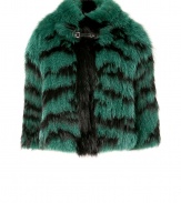 Make a show-stopping statement on style in Roberto Cavallis exquisitely luxurious emerald and black fox fur jacket - Stand-up collar, bracelet-length sleeves, buckled leather throat latch, fur interior - Flared, feminine fit - For an ultra glamorous finish, pair with tailored evening ensembles and stand-out statement accessories