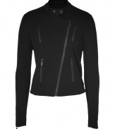 Classic lines of a biker jacket get a modern, sophisticated update in this wool jacket -  Features a feminine waisted silhouette, long slender sleeves and traditional zip pockets - Asymmetric zip and double snaps on tight, short collar - Draping effect creates interest at back - Wear as an alternative to a blazer with a silk tank and pencil skirt, or with skinny jeans and boots for sleek, sexy look