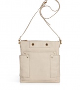 Compact but undeniably chic, this neutral leather crossbody bag highlights the must-emulate trends of the season - Small rectangular shape, top zip closure, long shoulder strap, front logo detail, patched side panels with gold-tone grommets - Wear with an elevated jeans-and-tee ensemble or with a casual cocktail look