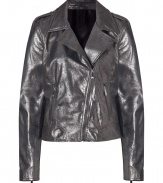 With a subtle sparkle, this metallic leather biker jacket from Faith Connexion ups the style quotient with edgy-cool appeal - Large spread collar, long sleeves with zip cuffs, epaulets, asymmetric front zip closure, zip pockets, stitching details at shoulders and elbows - Fitted silhouette - Wear with a high-low hem blouse, skinny jeans, and high heel booties