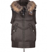 Stay warm in luxe style with this down vest from Parajumpers - Fur trimmed hood with snap closure, front zip closure, logo at shoulder, zip pockets, puffed ribbed trim, quilted, water resistant lining - Cropped, form-fitting silhouette - Style with skinny jeans, a cashmere sweater, and shearling boots