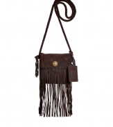 Work a note of retro-chic into your casual daytime look with Ralph Lauren Collections suede fringed crossbody bag - Flap-over with engraved flower closure, laced trim, knotted sides, luggage tag, inside back wall pocket - Wear with casual looks for running errands, or dress up for cocktails with sheaths and ankle boots