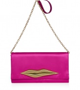 A classic DVF style filled with sartorial sass, this satin lip clutch is a statement accessory guaranteed to amp up your outfit - Flap with matte gold-toned lip embellishment, magnetic snap underneath, removable chain and satin shoulder strap, inside zippered back wall pocket - Carry with printed day dresses or flirty cocktail sheaths with just as bright heels