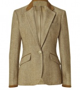 Classic tweed blazer of light brown linen-silk-wool blend - Fashionable equestrian style with sharply tailored, feminine fit - Slim silhouette features one-button front, moderately deep lapels and flap pockets - Contrasting piping - Wear with cashmere pullovers, narrow pants and high heels