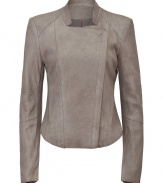 Play with proportions with this fitted and cropped sleek leather jacket from Helmut Lang - Cut out stand collar, asymmetrical zip closure, stitch detailed shoulder, paneled sleeves, zip detailed cuffs, high-low asymmetrical hem - Style with a draped mini dress, platform pumps, and a studded clutch