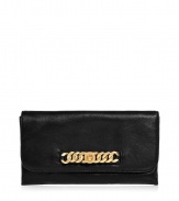 Elegant clutch made of soft, black leather in a classic, elongated shape - Features a traditional flap closure and  inside zipped pocket - Decorative gold-colored chain element creates chic, trendy look - Perfect for a posh cocktail dress, or jeans and heels for a night out downtown