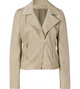 Favorite biker styling gets an ultra luxe redux in Faith Connexions pale taupe lambskin jacket, guaranteed to give your look a refined finish - Notched collar, long sleeves, zippered cuffs, asymmetrical zippered front, zippered slit pockets, buttoned epaulettes, quilted elbow and shoulder patches, cropped silhouette, fitted - Pair with favorite skinnies and platform pumps