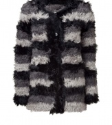 Make an ultra luxe sartorial splash in DKNYs textural shearling tonal grey striped jacket - Collarless, hidden buttoned front, long sleeves, fitted - Pair with jeans and boots for day, or try with tailored sheaths and platform boots for chic cocktails