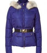 A royal blue hue covers this quilted down jacket from Emilio Pucci - Stand collar, fox fur-lined hood, front zip closure, long sleeves, belted waist, zip pockets, slim fit - Wear with slim jeans and shearling boots or an office-ready ensemble