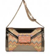 Channel the sophisticated side of the seventies with this zigzag printed statement clutch from Missoni - Classic envelope shape, front flap with decorative snap closure, knit body with metallic leather trim, chain-detailed shoulder strap, small inside zip pocket - Style with a flirty cocktail frock and heels or a boho-inspired mini-dress and booties