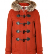 The timeless favorite duffle coat gets an ultra luxe remix in Burberry Brits bright pumpkin wool fur trimmed jacket, tailored to perfection for an ultra flattering fit - Fur trimmed hood, long sleeves, front toggle closures, fitted - Pair with tailored trousers and chic leather boots