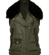 Amp up your outwear wardrobe with Belstaffs iconically cool edge, and opt for the utilitarian-chic Milton vest in jet black accented military green - Notched lapel, asymmetrical front zip, zippered and snapped pockets, belted sides, fitted - Pair with urban-cool separates and jet black accessories