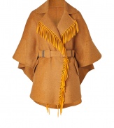 Exquisitely detailed with a finish of radiant textural fringe, Ermanno Scervinos wool twill cape is an ultra luxe take on contemporary outerwear - Notched lapel, draped 3/4 sleeves, hidden snapped front, flap pockets, buttoned sides, woven belted waistline - Draped silhouette, tailored at the waist with a matching double buckle leather-lined belt - Team with favorite skinnies and flawless boots