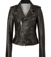 Lambskin biker jacket adds edge to any closet - Classic design with asymmetric zipper, wide lapel with metallic snaps, shoulder bars and decorative waist belt - Long sleeves and feminine waisted cut - Vintage, slightly-worn look - Wear in transitional months with a thin cashmere pullover or a sexy silk tank - Pair with feminine dresses and booties for a contrasting look, or with skinny jeans and heels for a fashionable night out