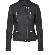 The forever favorite biker jacket gets a cool modern redux in Iros ultra chic matte finish version - Spread collar, long sleeves, zippered cuffs, off-center front zip, zippered pockets, buckled side straps, patches at shoulder - Tailored slim fit - Wear with favorite tees and jeans, or contrast with cocktail sheaths and streamlined accessories