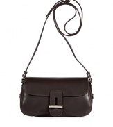 Sleek and sophisticated, Vanessa Brunos ultra smooth mocha leather shoulder bag is a cool choice for contemporary daytime looks - Flap with logo engraved turn-lock closure, belted shoulder strap, front slit pocket under flap, 4 inside front wall credit card slots, printed fabric lining - Wear with feminine dresses and flats, or favorite skinnies and chunky modern knits