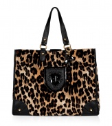 Inject eye-catching style into your statement handbag collection with Juicy Coutures bold leopard print velour tote - Black shield logo plate, black leather trim, side slit pockets, top snap, key fob, inside zippered and slot pockets - Perfect for adding a kick of cool to your glamorous daytime looks