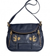 Whimsical bird charms inject stylish-yet-sweet appeal to this leather shoulder bag from Marc by Marc Jacobs - Front flap with zip, double zippered pockets, back slot pockets, adjustable shoulder strap, gold-toned bird-shaped charms, internal zip pockets, textured leather - Wear with an elevated jeans-and-tee ensemble or with a casual cocktail look