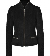 Both ladylike and contemporary, LAgences boucl? knit jacket guarantees a chic modern polish to your look - Short stand-up collar, long sleeves, full front zip, zippered slit pockets - Cropped, tailored fit - Wear with everything from tees, skinnies and flats, to tailored sheath dresses and platform pumps