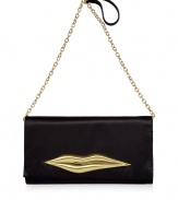 A classic DVF style filled with sartorial sass, this satin lip clutch is a statement accessory guaranteed to amp up your outfit - Flap with matte gold-toned lip embellishment, magnetic snap underneath, removable chain and satin shoulder strap, inside zippered back wall pocket, red lining - Carry with printed day dresses or flirty cocktail sheaths with jet black heels