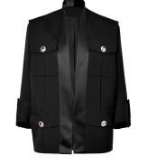 Invest in signature Balmain style with this exquisitely detailed open jacket, tailored to perfection with an immaculate contemporary cut - Satin shawl collar, open front, 3/4 sleeves, buttoned tabbed cuffs, buttoned flap pockets, sailor-style rain flap - Oversized boxy fit - Team with everything from knits and edgy leather leggings to tailored dresses and slick ankle boots