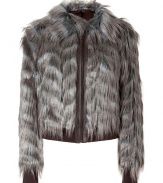 Inject a dramatic edge into your chic outerwear collection with Rachel Zoes ultra glam faux fur blouson jacket - Oversized spread collar, front zip, chocolate fitted ribbed cuffs and hemline - Cropped, fitted silhouette - Wear over luxe knits and trend favorite leather leggings